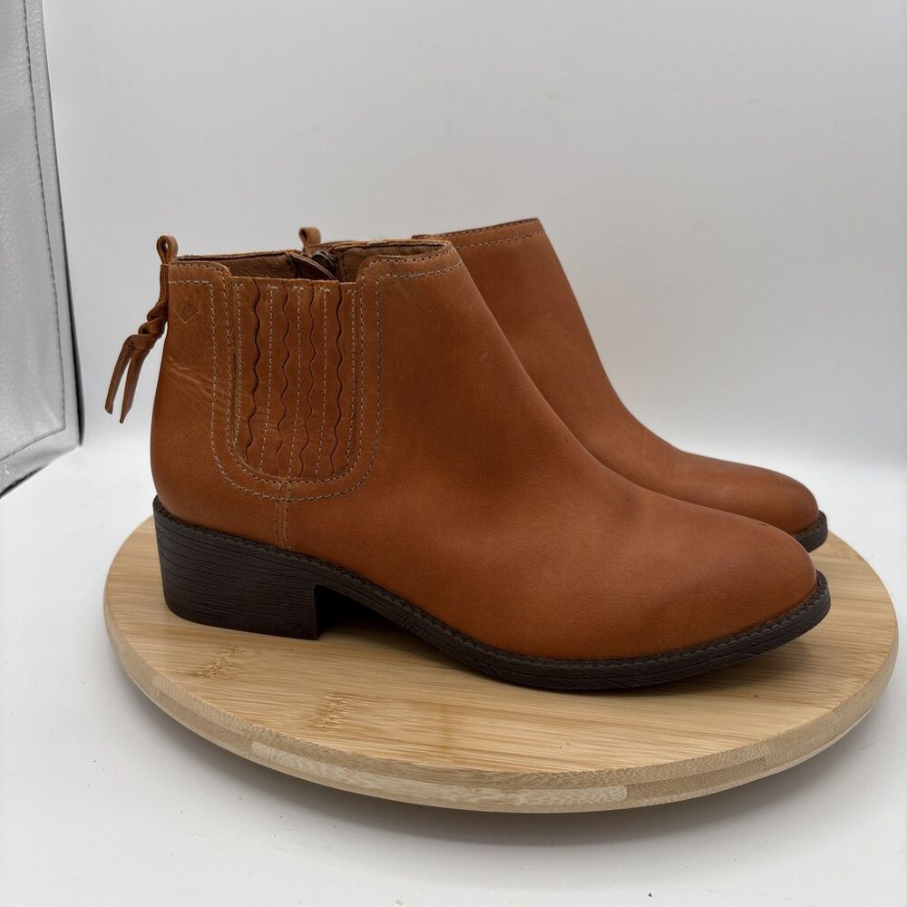 Sperry Leather Ankle Boots Women’s 7.5M Cognac Brown Side Zip Low Heel